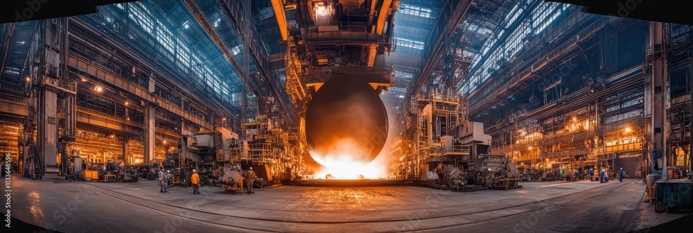 Poster molten metal pours into large molds within a heavy industrial hall, creating sparks and flames in a 