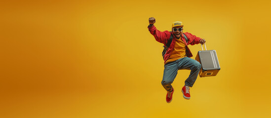 "Energetic man jumping against vibrant yellow background"
