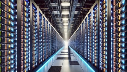 Illuminated hallway in a data center full of technological servers, symbolizing storage and connectivity.