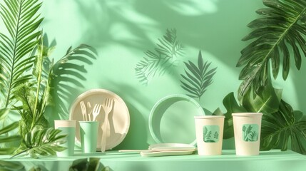 22.Set of biodegradable plates, cups, and cutlery with eco-labels, positioned against a vibrant plant background, ideal for promoting sustainable development and disposable, zero-waste options.