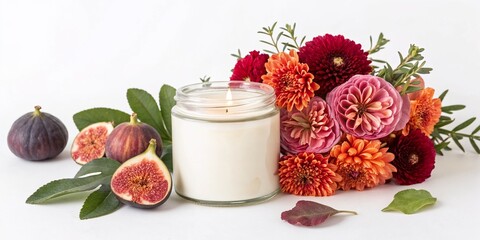 Autumn flowers with candle and figs on white background