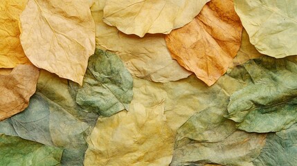 Naklejka premium 36.Detailed view of a recycled leaf paper background with a blend of green, brown, and yellow tones; delicate fiber textures and natural leaf patterns embedded throughout, creating a natural and