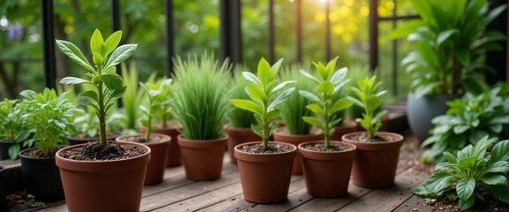 Fototapeta premium Potted plants growing in greenhouse sunlight