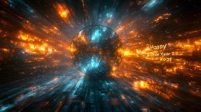 Abstract sphere with "Happy New Year 2025" text in vibrant light trails.