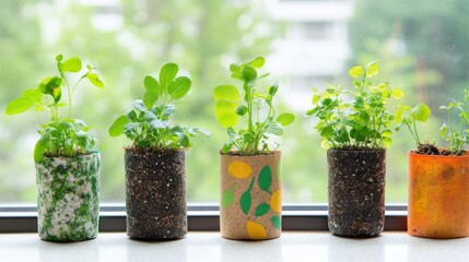 56.Tiny green plants growing in DIY planters crafted from recycled household items, set on a windowsill with natural light; minimalist, eco-friendly setting with each plant showcased in upcycled