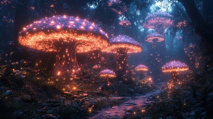 Glowing mushrooms illuminate enchanted forest path.