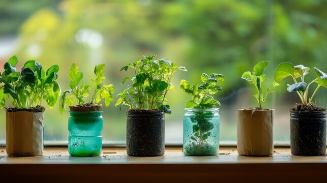 57.A series of seedlings in various DIY recycled planters, including cut plastic bottles, old cans, and cardboard; each plant shows lush green leaves, with the background kept simple for a clean