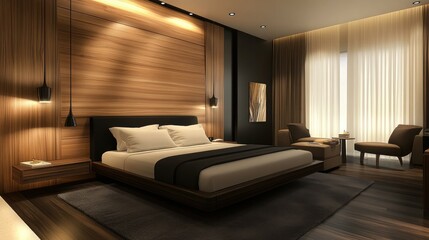 Luxurious modern bedroom with wood wall, platform bed, and dark accents.