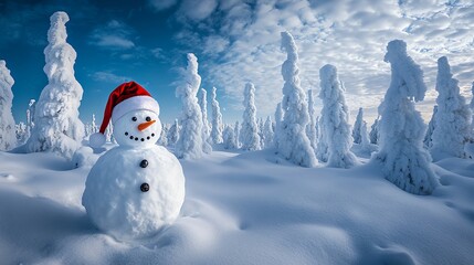 Obraz premium Full-body image of snowman, wearing Santa Claus hat, in Christmas wonderland, National Geographic, award winner 