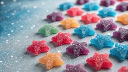 An overhead view of an array of small starshaped gummies arranged like a galaxy with each star in a rich spectrum of colorsfrom vivid pinks to electric blues. The background