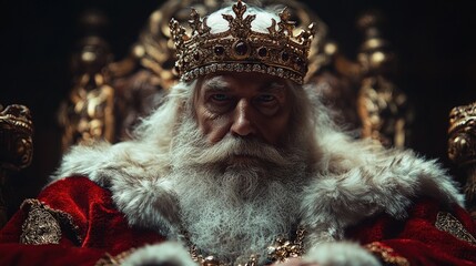 Aged king, jeweled crown, regal robe.