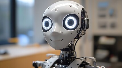Fototapeta premium Close-up of a friendly humanoid robot head with illuminated eyes.
