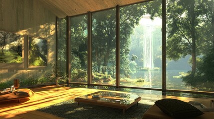 Serene Living Room Overlooking Lush Waterfall Forest