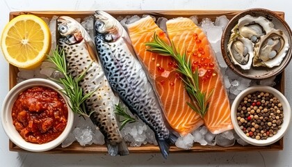 Fresh fish with lemons and eggs on rustic wooden table