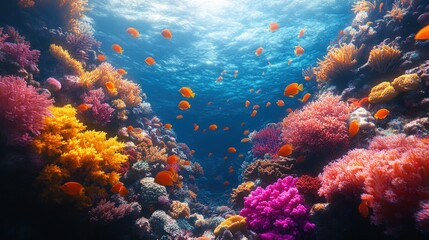 Naklejka premium Vibrant coral reef teeming with orange fish.