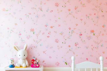 A pastel pink wall adorned with floral patterns, featuring a stuffed bunny and decorative items.