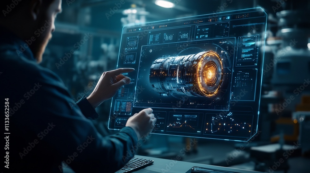 Poster futuristic holographic interface displaying a virtual twin of an industrial machine showcasing intri
