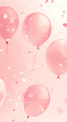 Soft pink balloons float against a light background, surrounded by confetti, suggesting celebration.