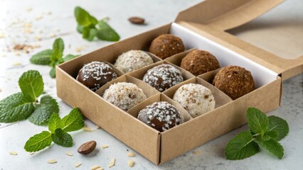 An open snack box presenting an array of rustic handformed protein balls rolled in coconut flakes and crushed nuts. The rich hues of cocoa brown and creamy white contrast