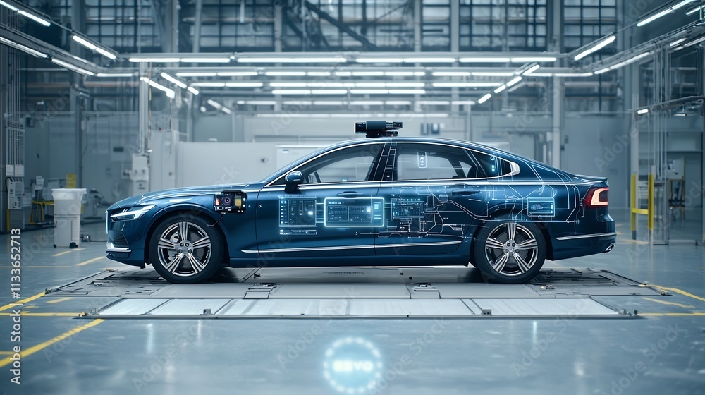 Poster autonomous self driving car in a testing environment with a virtual twin simulation displayed beside