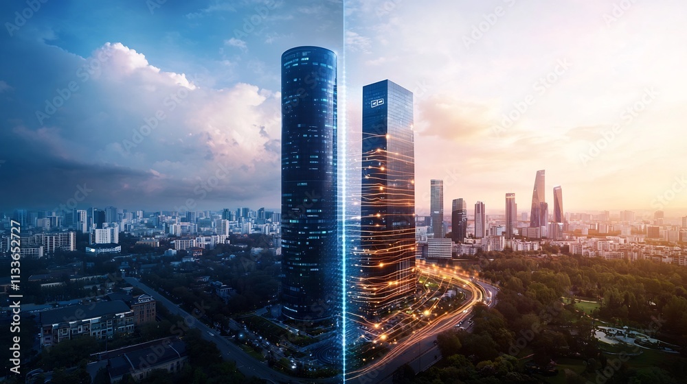 Poster a futuristic cityscape with a virtual twin overlay showcasing real time analytics glowing networks a