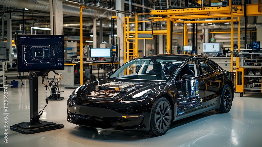 Poster autonomous car undergoing testing in a specialized environment with a virtual twin simulation displa