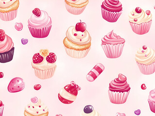 A colorful pattern featuring various cupcakes and candies on a pink background.