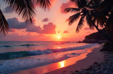 Vibrant tropical sunset over ocean waves and palm trees on serene beach