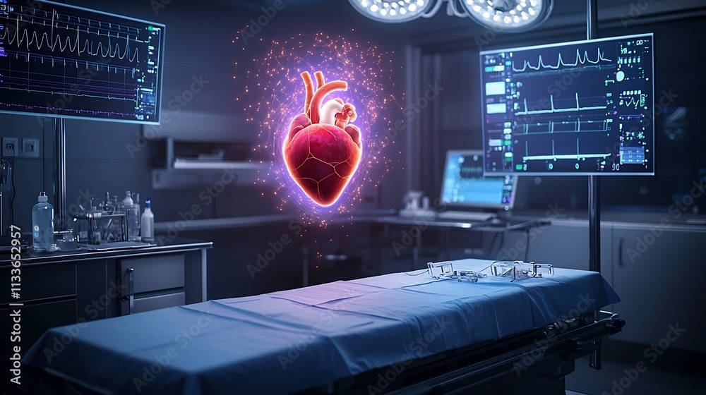 Poster futuristic operating room with virtual twin hologram of patient s glowing heart floating above the s