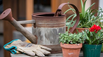 Vintage wooden watering can with gardening gloves and potted plants