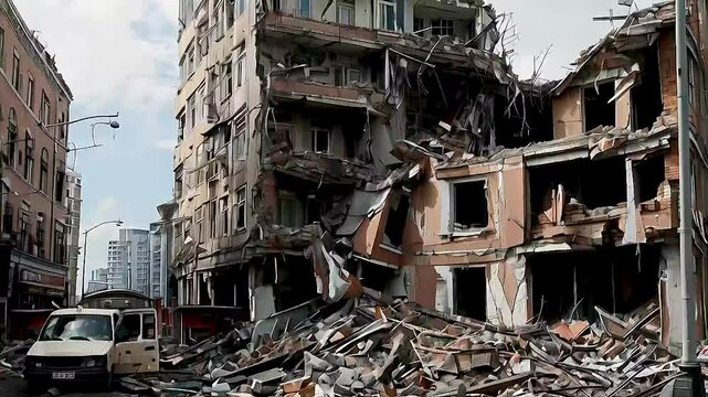 a destroyed building  and  a damaged car