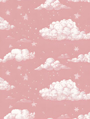 A whimsical pink background featuring fluffy clouds and stars, ideal for playful designs.
