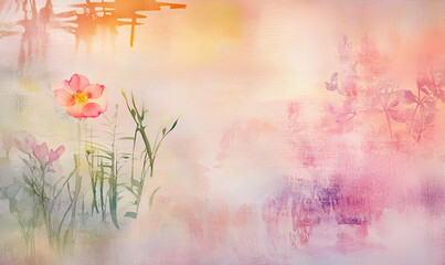 A soft, pastel-colored floral background with subtle abstract elements.