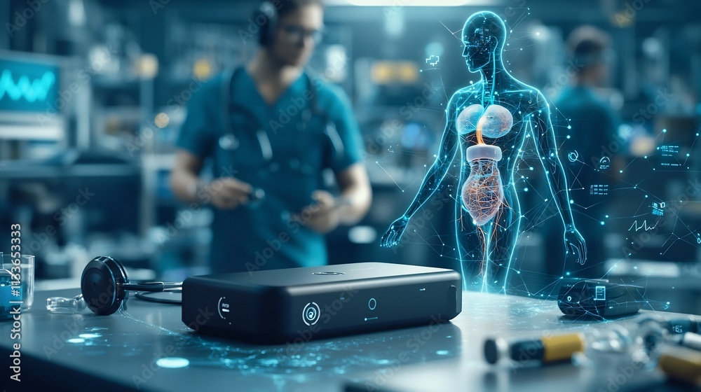 Poster futuristic image showcasing a wearable health monitoring device on a table connected to a virtual tw