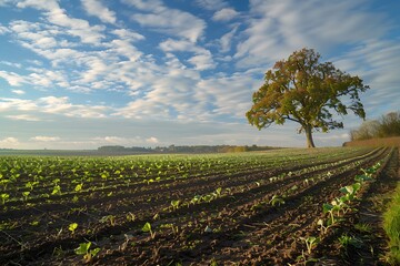 Obraz premium Seedlings of sunflowers in a field in sunlight in spring