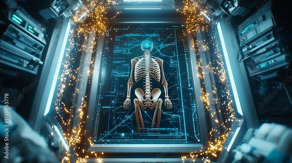 Poster futuristic health monitoring station displaying a virtual twin simulation of a patient s skeletal sy