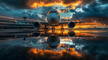 Airplane reflecting in puddle at sunset on tarmac.