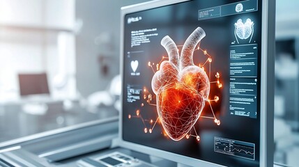 A cutting edge hospital scanner showcases a virtual twin projection of a human heart revealing detailed health insights and glowing network visuals