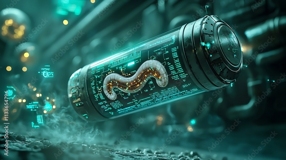 Poster futuristic diagnostic capsule projecting a virtual twin model of a patient s digestive system linked