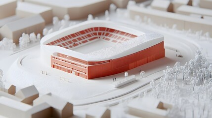 Architectural model of a modern stadium in a city setting.