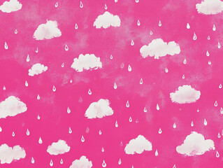 A whimsical pink background featuring white clouds and raindrops, ideal for creative projects.