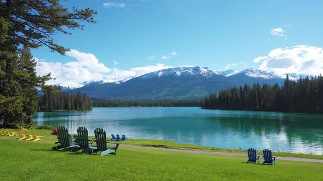Jasper National Park summer landscape, Alberta, Canada. Adirondack chairs on lakeside of the Beauvert Lake (Lac Beauvert). Snowcapped Whistlers Peak mountain in the background.