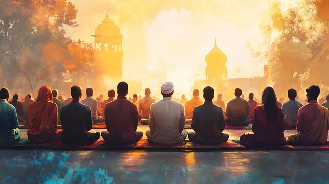 A serene image of a multi-faith prayer gathering, with people of different religions sitting together in meditation or prayer 