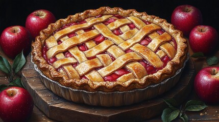 Freshly Baked Apple Pie with Lattice Crust Surrounded by Red Apples on a Wooden Surface, Perfect for Autumn Celebrations and Delicious Desserts