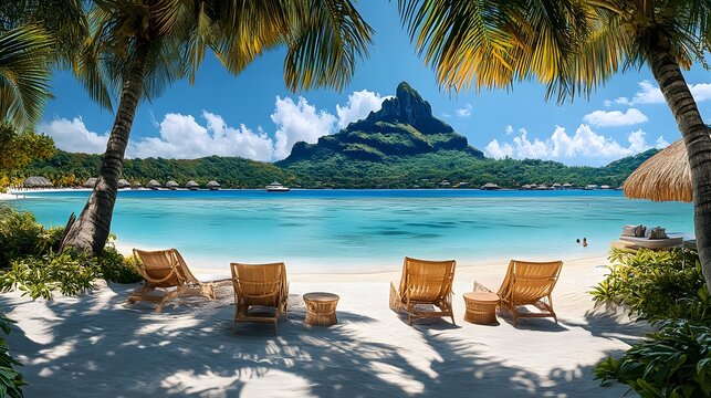 A beach with chairs, palm trees, and a mountain backdrop