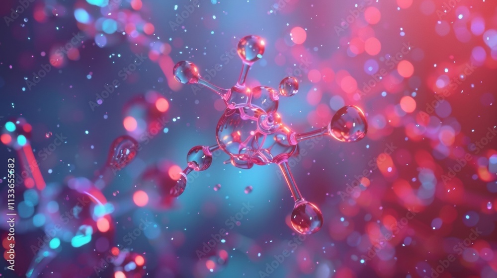 Poster glass molecule structure rotating in a colorful bokeh background, creating a visually appealing repr