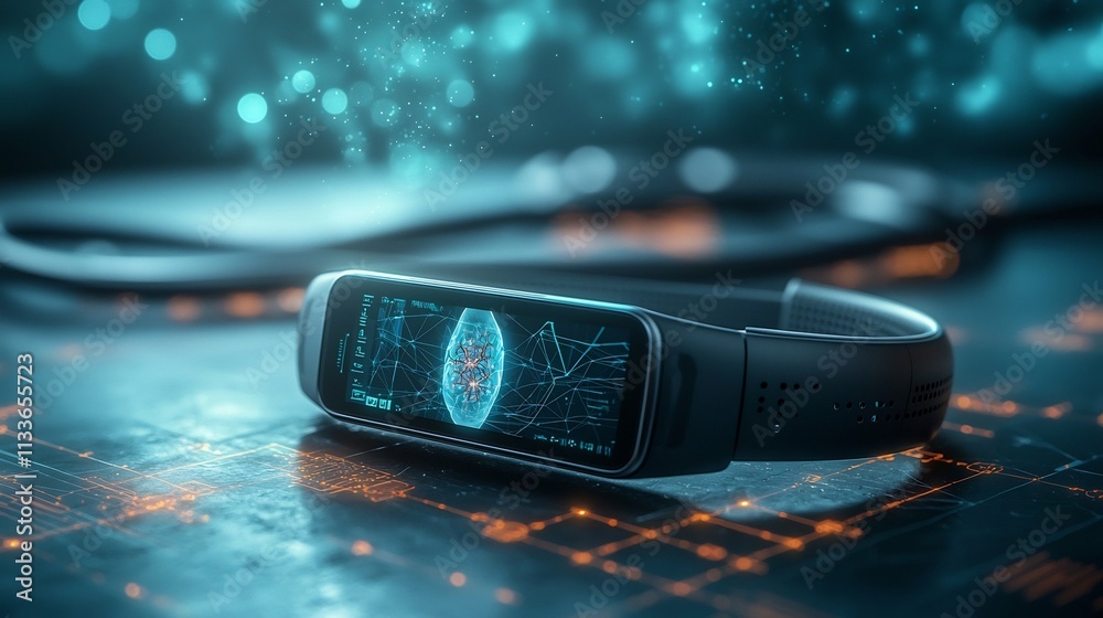 Poster innovative smart wearable monitoring station with a virtual twin hologram projecting a detailed simu