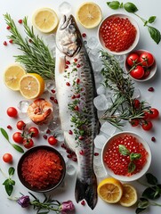 Fresh fish with lemons and eggs on rustic wooden table