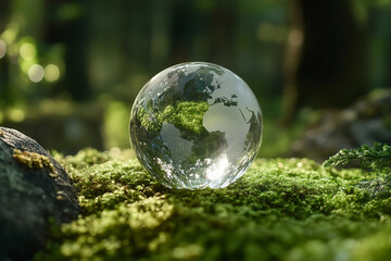  Crystal Globe Resting on Green Moss in a Forest, Symbolizing Environmental Protection and Sustainability, Perfect for Earth Day 