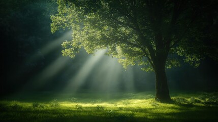 Fototapeta premium Sunlight streams through rich leaves in peaceful forest scene. Sunlight creates gentle glow on green grass. Nature landscape with tree, serene eco photo. Serene natural light shines through dense